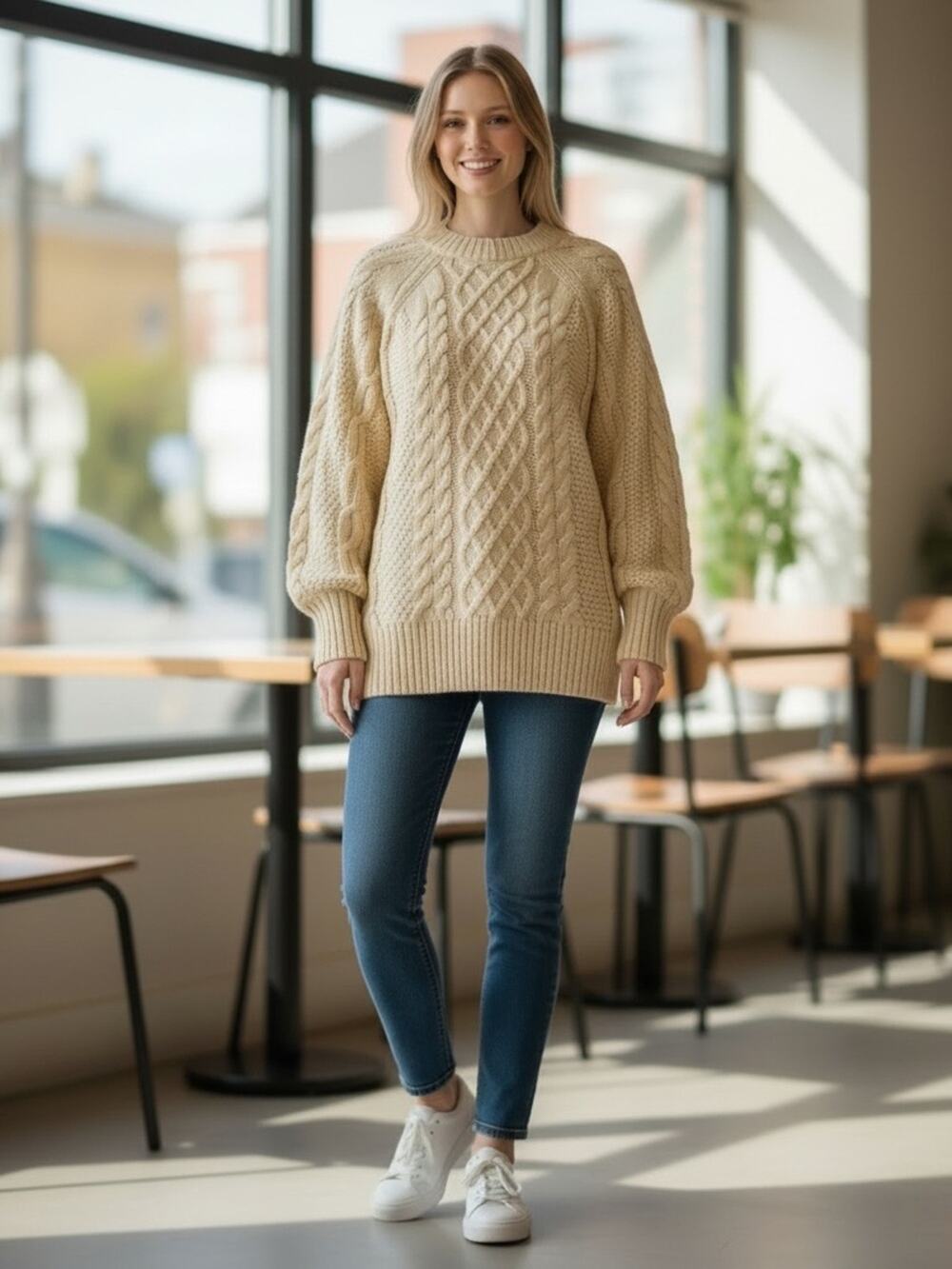 ANRABESS Women’s Medium Oversized Cream Knit Sweater